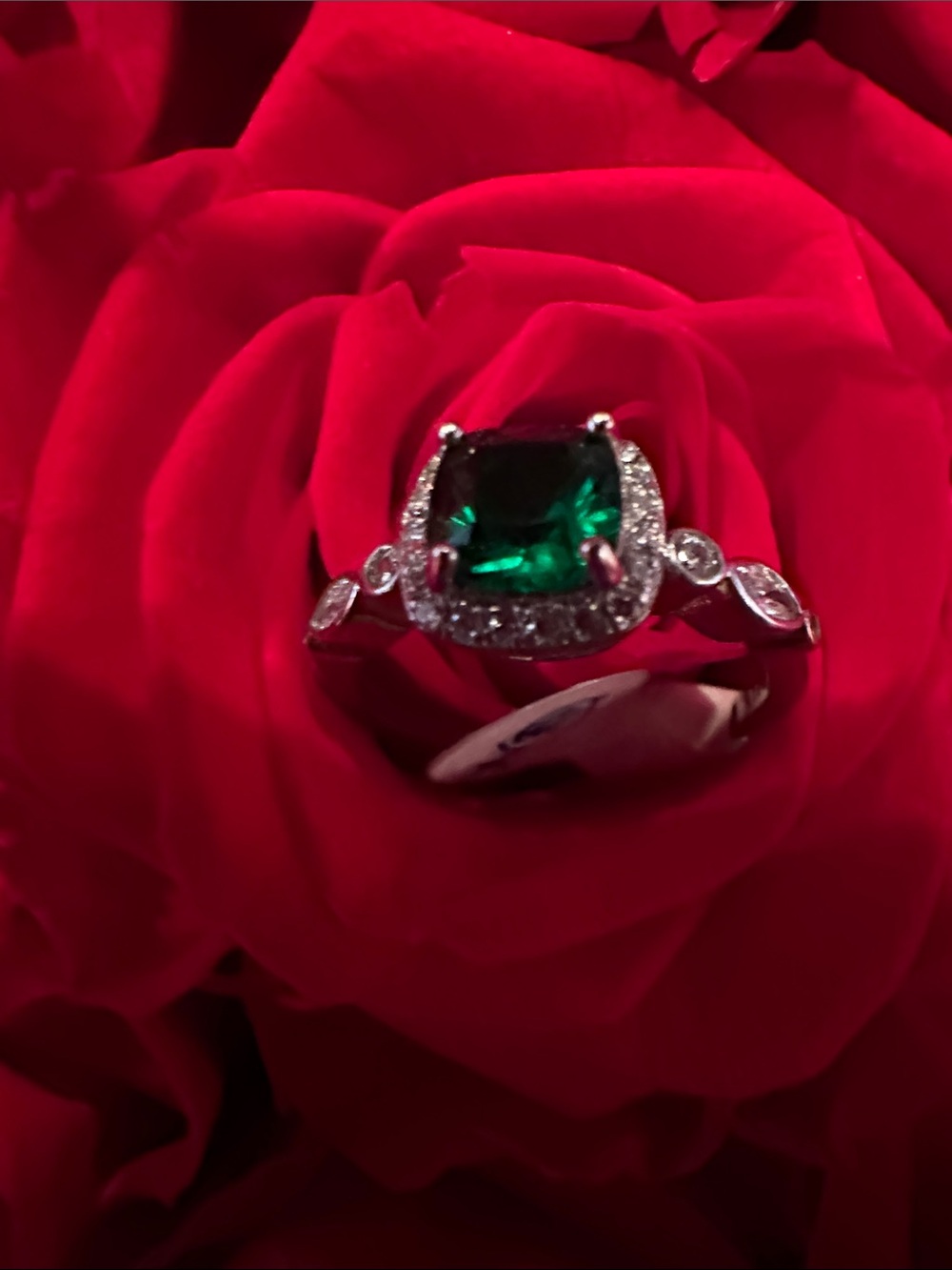 Emerald Cushion Halo Ring - Green Stone with Silver Band